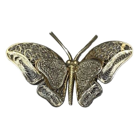 Vintage German Filigree Butterfly Brooch 800 Silver Gold Vermeil Pin Collectable - Picture 1 of 4